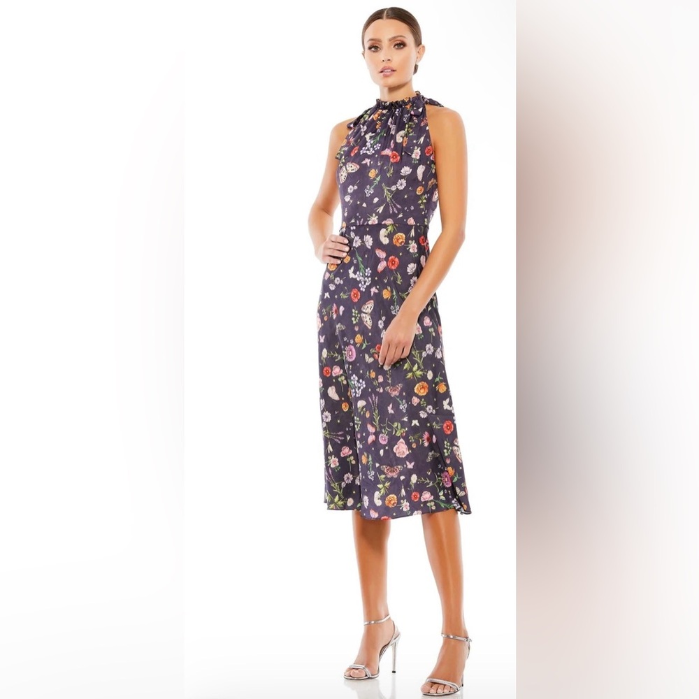 Ieena Mac Duggal 55629 Ruffle Neck Print Floral Cocktail Dress Sz 0 Purple $348